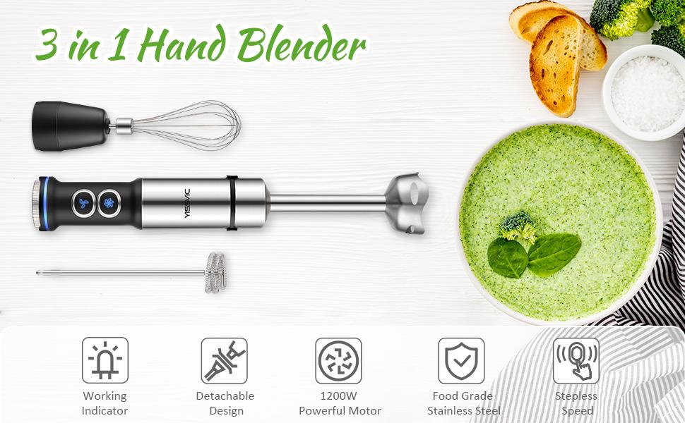  YISSVIC 3 in 1 Hand Blender 1200W food grade stainless steel 